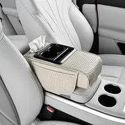 Integrated Pressurized Multifunctional Car Armrest Heightening Pad, Car Armrest Cushionniversal, with 2 Cup Holder, Phone Slot, Tissue Box, Side Pockets, for all Cars Models (Beige)