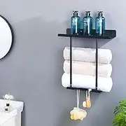 Towel Rack for Bathroom, Wall Mounted Bath Towel Storage for Rolled Towels, 2 Tier Retractable Height Metal Towel Holders, Bathroom Organizer with 3 Hooks (Black)