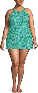 [Lands' End] Women's High Neck Swim Dress Swimsuit, Island Emerald Stipple Palm, 30 Plus