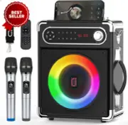 Karaoke Machine with Two Wireless Microphones, Portable Bluetooth Speaker with B