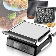 1800W Electric Steak Grill Maker，Multi-Function Panini Press, Smart Sandwich Toaste Maker with Auto Modes and Non-Stick Coated Plates,Waffle Maker 180°Flip,LED Touch Panel