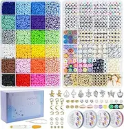 Clay Beads 2 Boxes Bracelet Making Kit 6000 Pc Flat Heishi Preppy Beads for Jewelry Making Kit Lnclude UV Smiley Face Beads Flower Pearl Letter Beads & Evil Eye Beads for DIY Necklace Anklets Making