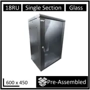 LDR Assembled 18U Wall Mount Cabinet (600mm x 450mm) Glass Door - Black Metal...