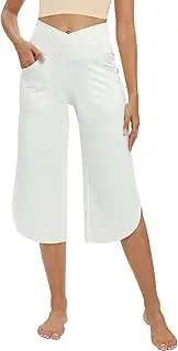 [G4Free] Yoga Capri Pants for Women Wide Leg Dress Crop Pants with Pockets Cross High Waist Flowy Loose Pajama Sweatpants