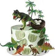 18 PCS Dinosaur Cake Toppers with Dinosaur Eggs Leaves Trees Cake Decorations for Birthday Party Dinosaur Theme Party