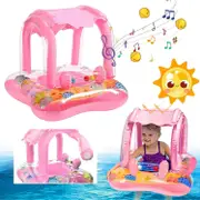 Unbrand Baby Swimming Float Inflatable Pool Float Ring with UPF 50+ Sun Protection Canopy for Kids Aged 3-36 Months Fun on The Water pink With 3 bells