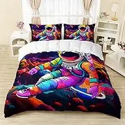 AILONEN Cartoon Astronaut Duvet Cover Set Twin Size, Colorful Astronaut Bedding Set for Kids,Boys,Outer Space Planet Spaceship Theme Comforter Cover,3-Pieces,1 Quilt Cover + 2Pillowcases,Breathable