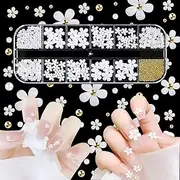 BEZANU Flower Nail Art Charms, White Flowers Nail Rhinestones Kit with Nail Beads for DIY Nail Art Craft (12 Kind)
