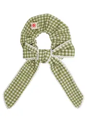 Damson Madder Bow Gingham Cotton Scrunchie - Green ONE SIZE