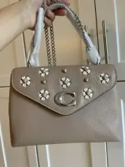 NWT Coach Tammie Shoulder Bag In Pebble Leather W Floral Whipstitch Taupe/Silver
