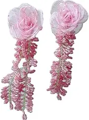 [RYEPOLNIX] Handmade Earrings Pink Yarn Rose Flower Beaded Tassel Stud Earrings Summer Beach Sweet Cute Cool Girls Party Earrings/708