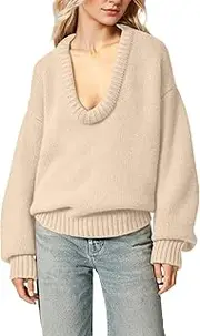 [DSAoTeng] Women’s Ribbed Deep U Neck Drop Shoulder Pullover Sweater-Casual Oversized Sexy Knit Long Sleeve Jumper Tops for Winter Wear