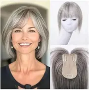 Hair Toppers for Women Human Hair, 360° 3D Cover Middle Bangs HairPieces for Women(Grey)