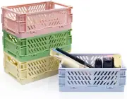 4 Pack Mini Pastel Crates for Storage, Small Plastic Baskets, Folding Colorful C