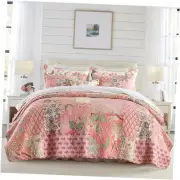 Cotton Patchwork Bedspread, 3-Piece Bedding Quilt King Bohemian Floral Pink