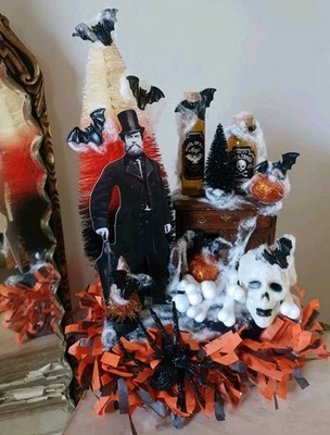 SPOOKY Halloween DIORAMA Assemblage Top Hat Man Bottle Brush Doll Furniture OOAK