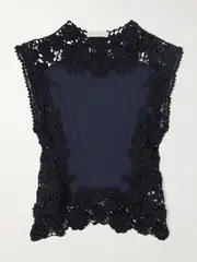 [Ulla Johnson] Ulla Johnson - Gigi Crocheted Lace-trimmed Pointelle-knit Cotton-blend Top - Navy - x small x small Blue