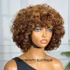 Short Bob Wig With Bangs Highlight Brown Curly 100% Human Hair Glueless Wigs