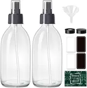 Tecohouse 2 Pack Glass Spray Bottles, 250ml Small Glass Bottles for Cleaning Solutions, Spray Bottles for Essential Oils, Plants, with Durable Nozzle, Labels, Funnel - Clear