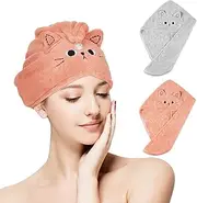 2 Pieces Microfiber Hair Towel Absorbent Hair Towel Wrap Cute Cartoon Rapid Drying Anti Frizz Turban Head Wrap for Women or Girls Kids(Dark Pink,Blue-gray,Cat)