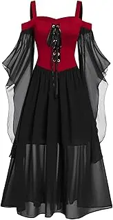[Suhorseful] Medieval Vintage Dress Women Chiffon Butterfly Sleeve Halloween Maxi Dress Vampire Witch Cosplay Gothic Dress Gown
