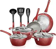 [Nutrichef] Non-Stick Kitchenware Pots & Pans-11 Pcs. Stylish Kitchen Cookware Set w/Elegant Diamond Pattern, Gray Inside & Red Outside, Metal, Silicone Handle, PTFE/PFOA/PFOS Free, Red