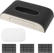 X AUTOHAUX Car Tissue Holder with Anti-Slip Mat Car Tissue Box Organizer with Number Plate PU 9.25"x5.12"x1.77" Black Beige 1 Pc