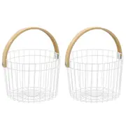 2x Boxsweden Round Wire 27x25cm Basket Home Storage Bin w/ Bamboo Handle White