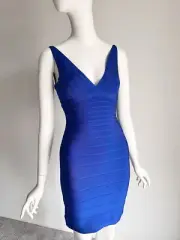 Herve Leger Size S Mariah Royal Bright Blue Bandage Dress V Neck Bodycon Stretch
