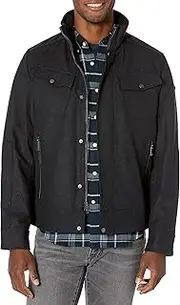 [Kenneth Cole] Men's Chest Patch Pockets Wool Faux Sherpa Lined Collar Trucker Coat