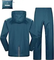[Outdoor Ventures] Men's Packable Rain Suit Lightweight Rainwear Waterproof Jacket and Trouser Set for Riding Hiking Fishing Camping