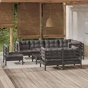 Garden Lounge Set Solid Pinewood 9 Piece with Cushions Black, Patio Conversation Furniture Table & Chairs for Outdoor, Balcony or Porch