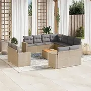 12 Piece Garden Sofa Set with Cushions, Mix Beige Poly Rattan - Outdoor Patio Furniture with Modular Design and Acacia Wood Table - Durable, Weather-Resistant, & Comfortable Seating