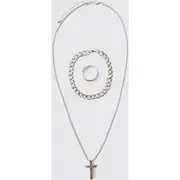 Mens Cross Necklace, Ring And Bracelet Set In Silver