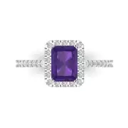 1.98 ct Emerald Halo Natural Amethyst Promise Bridal Wedding Ring 14k White Gold