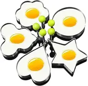 GZMAISULEE Egg Ring Molds for Cooking 5 Pack Griddle Egg Rings Stainless Steel Egg Cooking Rings Heart, Flower, Star, Micha, Round Pancake Mold Set, Yellow