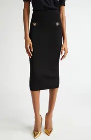 Balmain Button Detail Rib Midi Sweater Skirt in Black at Nordstrom, Size 14 Us