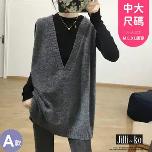 【JILLI-KO】深V領針織馬甲女中長款百搭毛衣背心中大尺碼-F(多款任選)