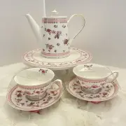 GRACE TEAWARE 6pc Fine Porcelain Teapot & Teacup Cake Stand Set Rosette Coquette