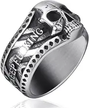 [Elfasio] Vintage Ring Stainless Steel Gothic Skull Rings for Men Boy Band Silver Skeleton Cocktail Party Biker Ring Size 8-13