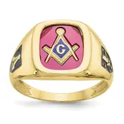 10k Yellow Gold Men's Polished and Textured with Black Enamel and Lab Created Ruby Masonic Ring