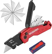 [WORKPRO] Professional Folding Cutter, Utility Cutter with Quick Change Mechanism & Button Lock, Red Cutter with 13 Extra SK5 Blades, Ideal for Cutting