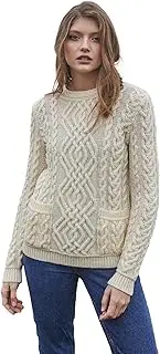 [SAOL] Irish Aran Women's 100% Merino Wool Cable Knit Crew Neck Sweater with Pockets in Grey/Natural/Navy