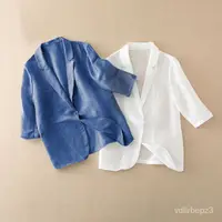 在飛比找蝦皮購物優惠-短款小西裝女七分袖外套修身職業透氣藍色高級灰西服夏季仿亞麻 