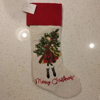 Nicole Miller 22" Stocking Embroidery Beads Merry Christmas Tree Metallic Silver