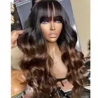 24'' Brown With Dark Root Wave Wig With Bangs No Lace 100% Human Hair Wig