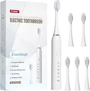 Sonic Electric Toothbrush for Adults, Rechargeable Power Toothbrush 6 Duponts Brush Heads, with 2 Minute Smart Timer, 5 Modes with Teeth Whitening (White)