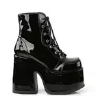Demonia Camel-203 Shiny Black Vegan Leather Platform Heel Boots • Ships in 2-...
