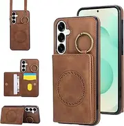 Rosbtib Mobile Phone Case for Samsung Galaxy S25+/S25 Plus & S24+/S24 Plus 6.7 inch, Foldable Card Pack with Magnetic Buttons, Slim Mobile Phone Case with Long Shoulder Strap and Retro Metal Ring