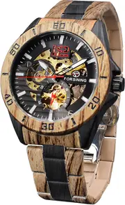 FORSINING Wooden Color Automatic Mechanical Watch for Men, Oversized Dial Fully Hollowed Out Dial Design, Engraved Wood Watches for Husband Birthday Anniversary, Multicolor, Mechanical